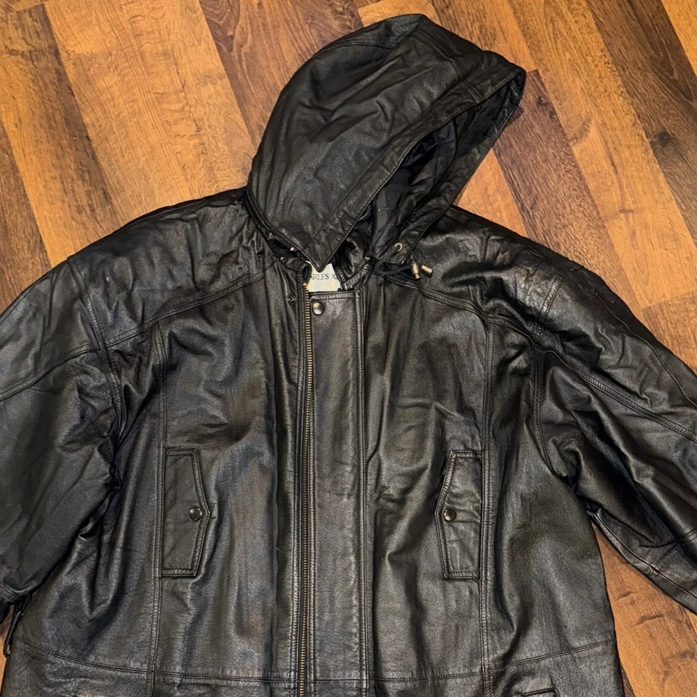 VINTAGE Men's Black Leather Hooded Charles Klein Jacket (2XT)
